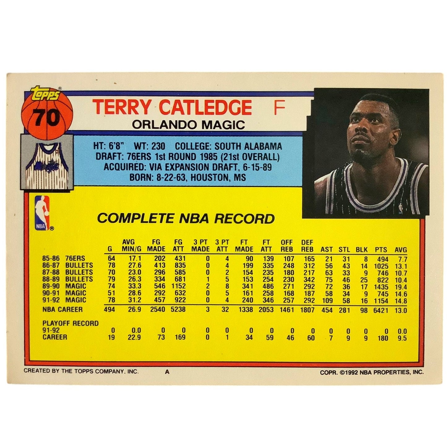 Terry Carledge, Orlando Magic, 1992 Topps Collector's Card 70, EXC