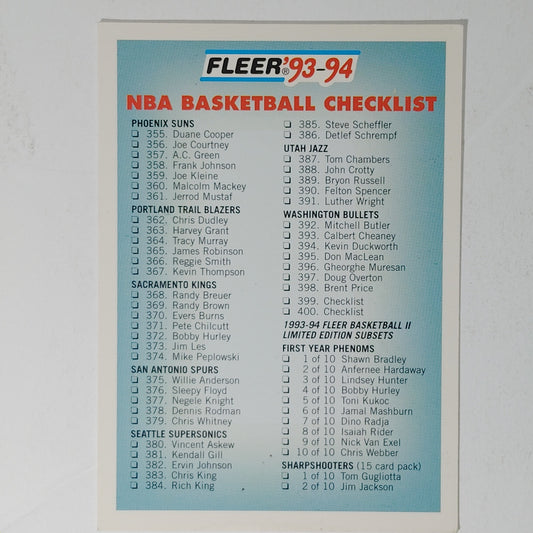 1993–94 Fleer Checklist #400 – Cards 355–400 & Inserts – VG/EX