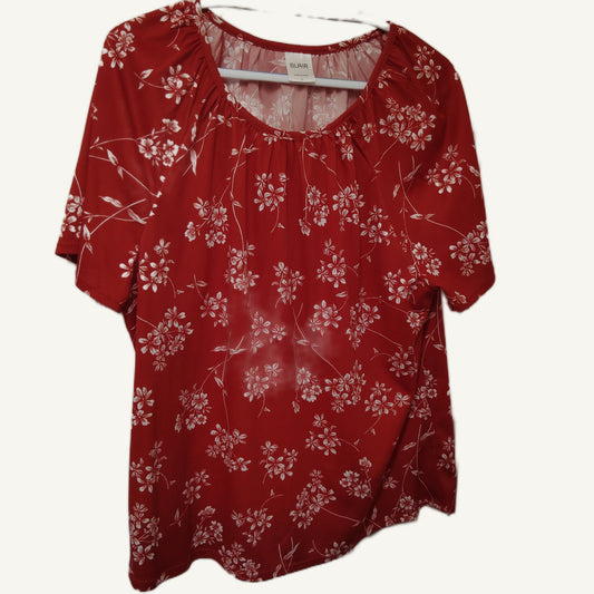 Blair Women's Red & White Floral Short Sleeve Top - Size L, 100% Polyester