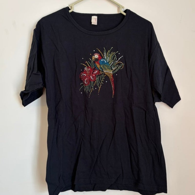 Anvil Black Rhinestone Parrot Macaw Graphic T-Shirt Size L Short Sleeve Tee