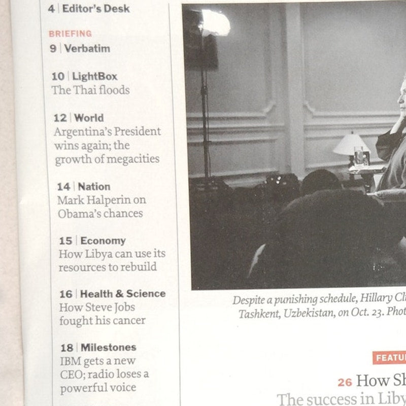Time Magazine November 7, 2011 Hillary Clinton Smart Power, Steve Job Biography