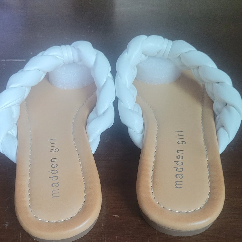 Madden Girl Precise Sandal – White Paris, Women’s 6, Braided Thong Flat Slip-On