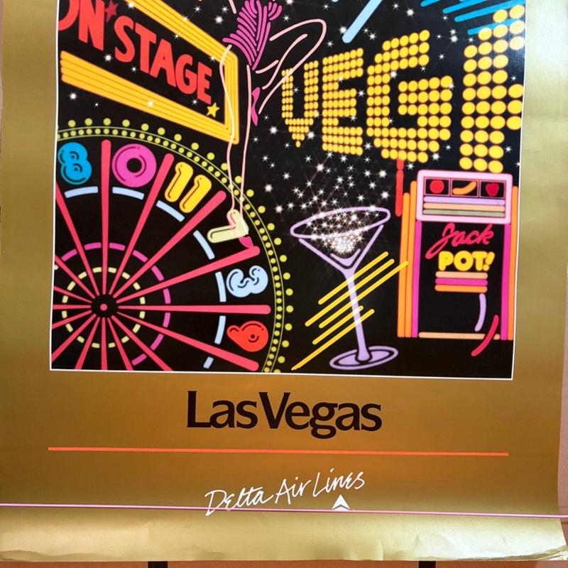 Original Delta Air Lines Las Vegas Travel Poster - 28x22 Gold Foil Airline Art