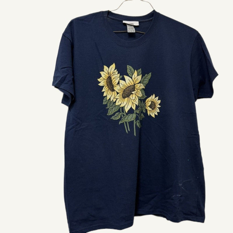 Country Store Navy Sunflower Embellished T-Shirt Women's XL, 100% Cotton