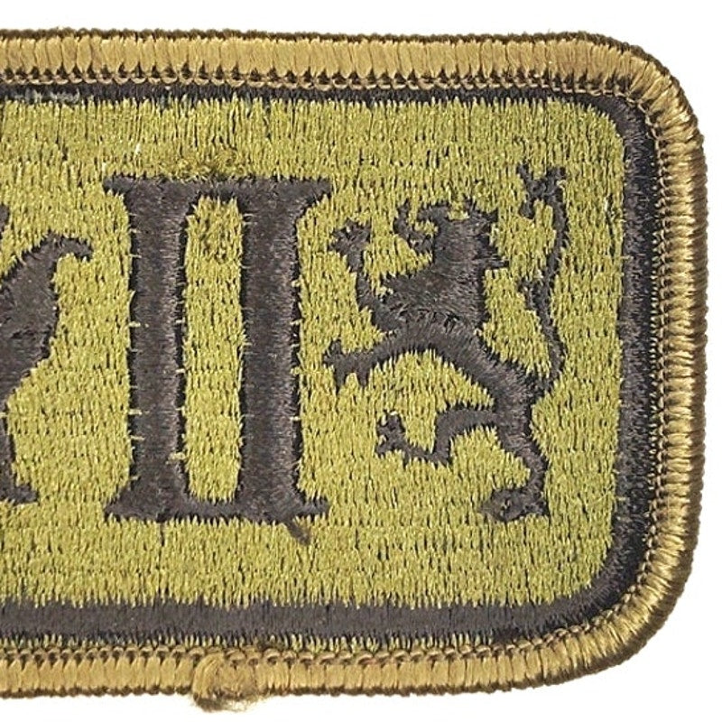 US Army II Corps Subdued Patch Black on ODG Merrowed Edge Sew‑On 3" × 2"