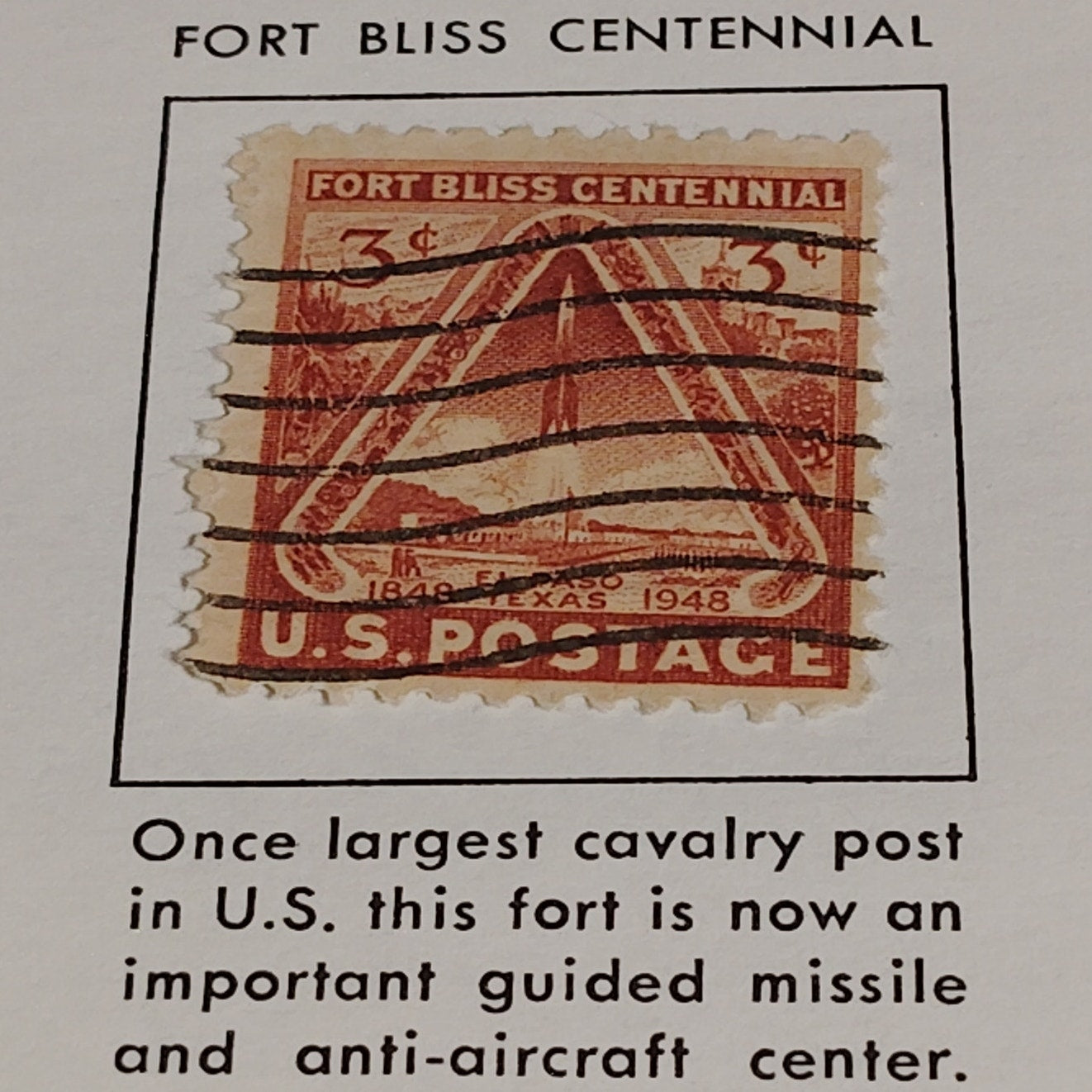 1948 3¢ Fort Bliss Centennial Stamp – Scott 976 – Rocket & Mission – El Paso TX