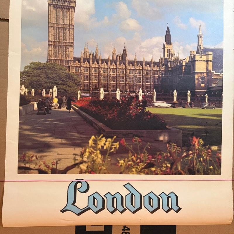 Vintage London Big Ben Parliament Square Travel Poster 1960s-70s - 37.5" x 25.5"