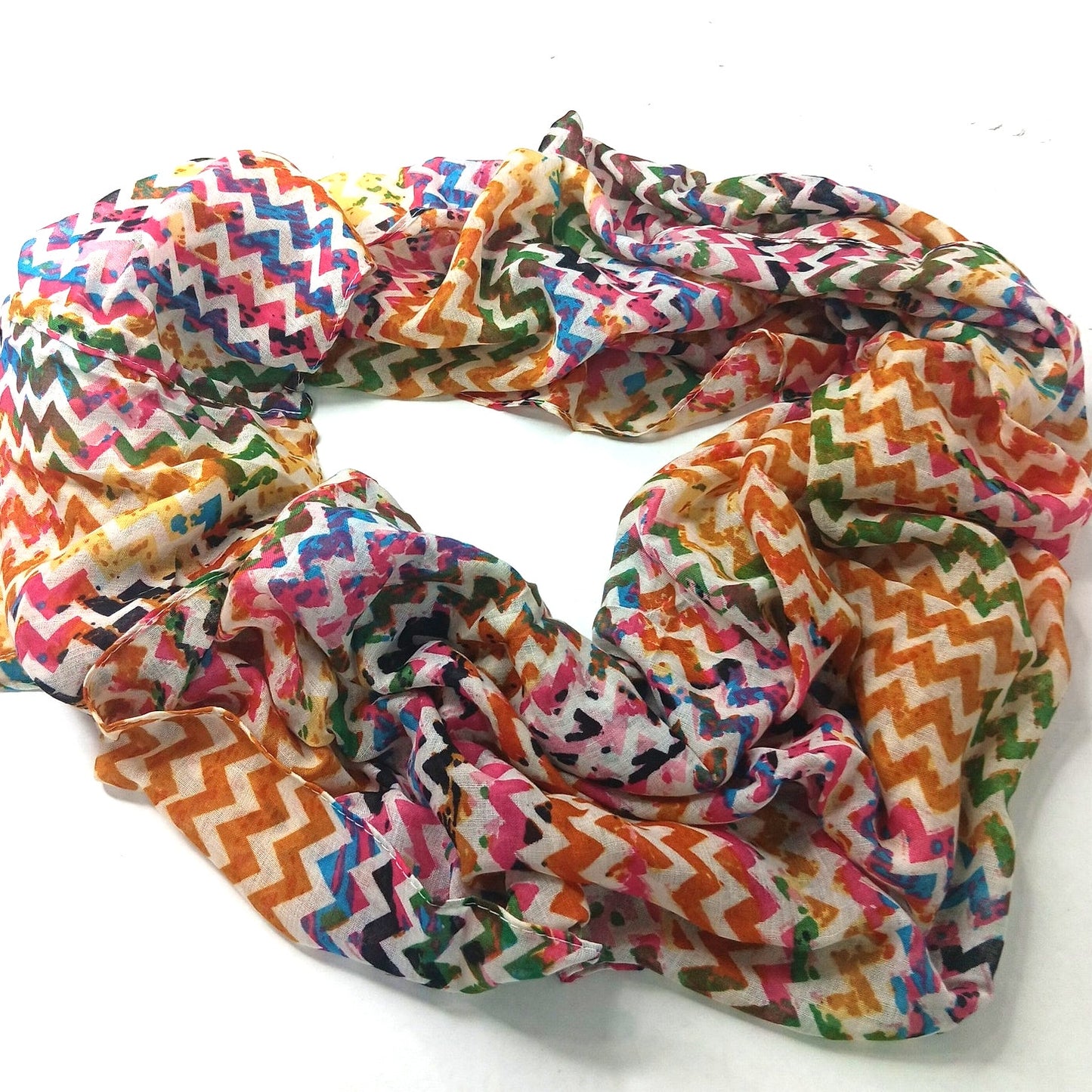 Lucky Leaf Infinity Scarf Lightweight 100% Viscose Colorful Zig‑Zag Oranges Greens