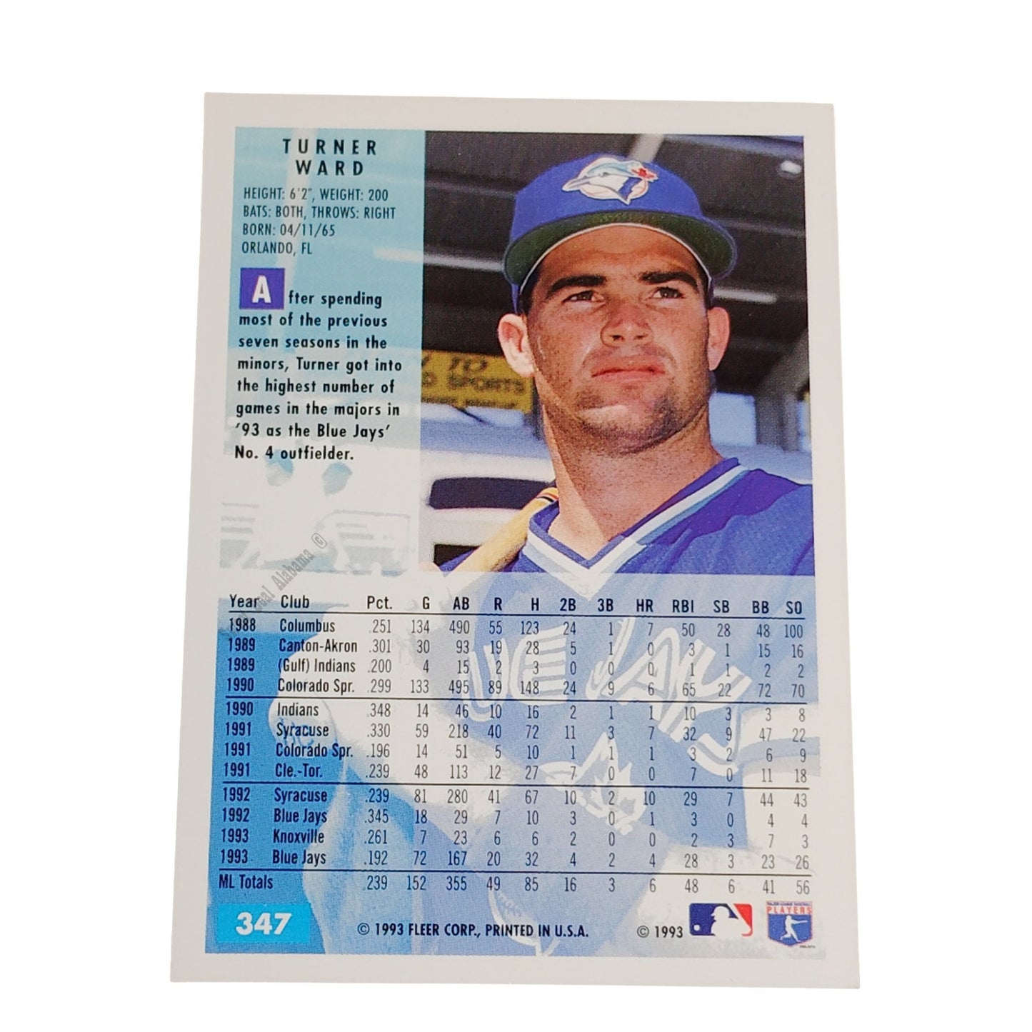 Turner Ward, Toronto Blue Jays, #347, 1994 Fleer Baseball Collector's Card