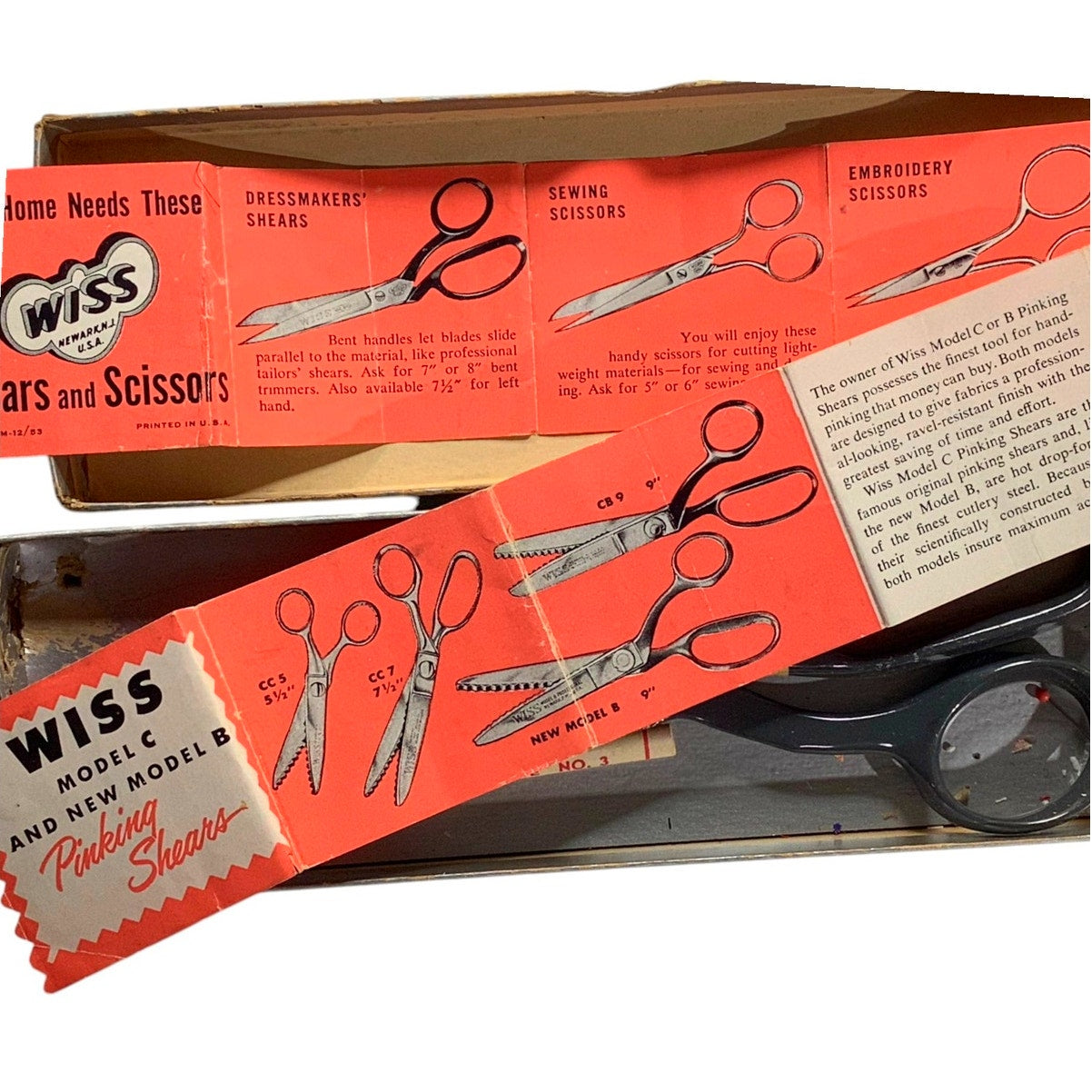 Wiss 1953 Model B 9" Pinking Shears w/ XL Teeth, Original Box, Literature, Gray