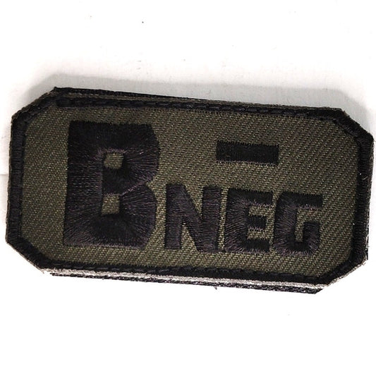 B‑ NEG Blood Type Novelty Patch Subdued Black on Green 2‑1/2" × 1‑1/4" Hook Back