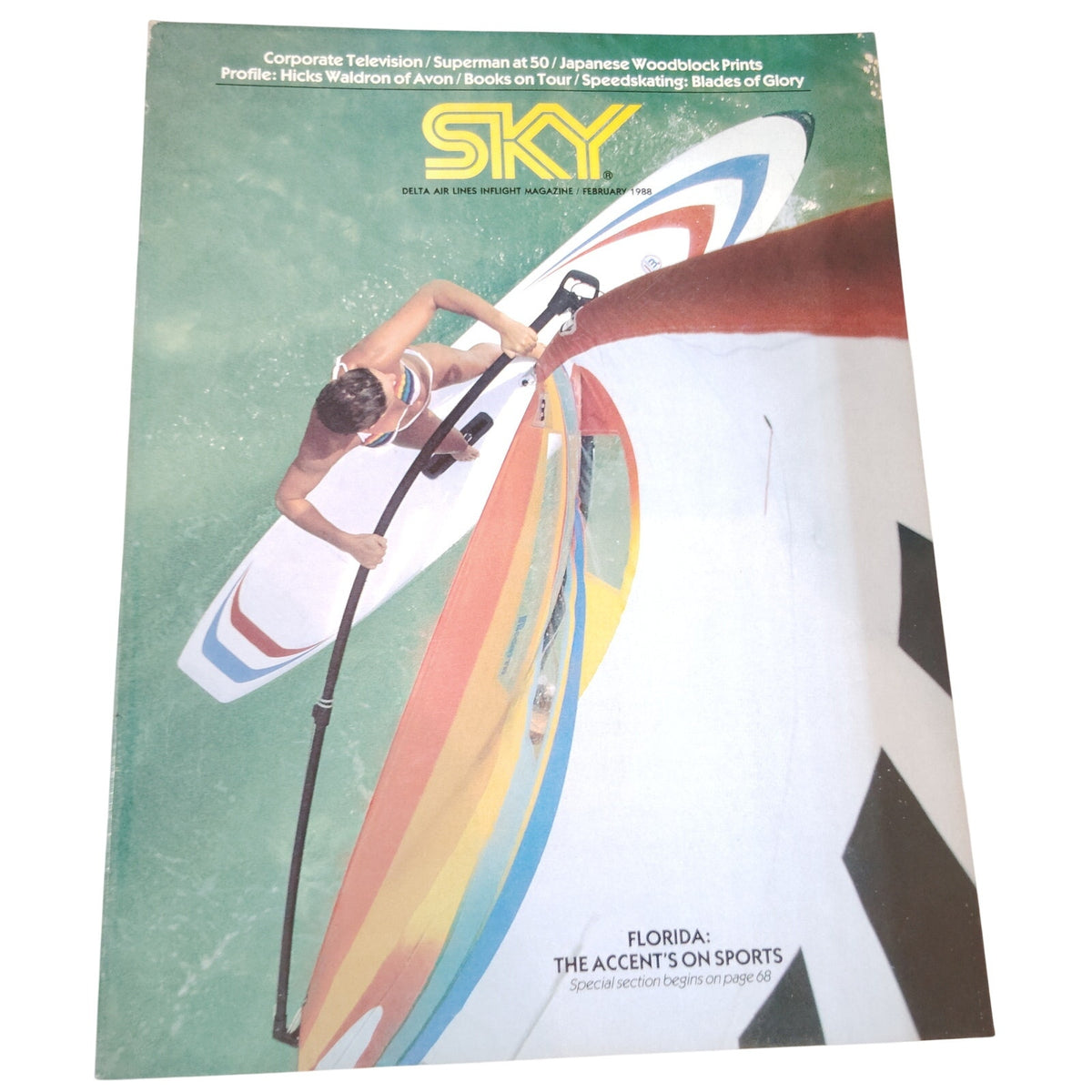 VTG Delta Sky Magazine - February 1988 In-Flight -Windsurfer Cover Avon Superman