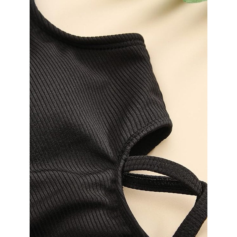 Milumia Girl's Cute Ribbed Knit One Piece Cut Out Scoop Neck, Black 14 Years