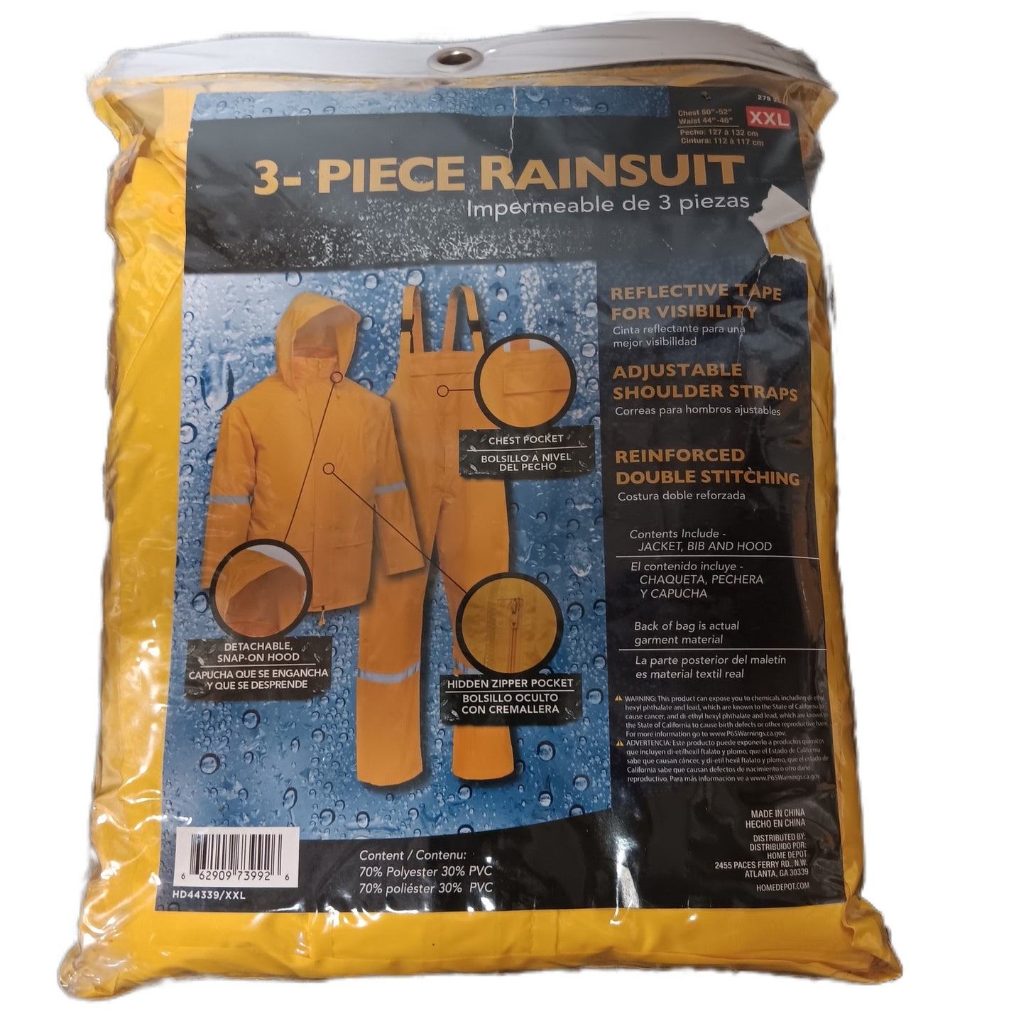 XXL Yellow Waterproof Reflective 3-Piece Rain Suit with Detachable Hood