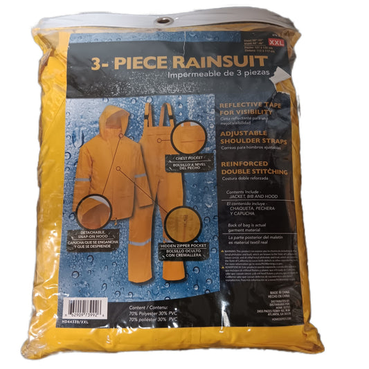 XXL Yellow Waterproof Reflective 3-Piece Rain Suit with Detachable Hood
