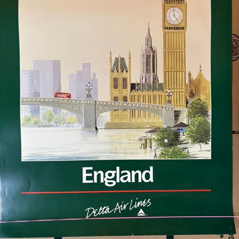 Original 70s Vintage Delta Air Lines England Travel Poster by Jack Laycox 28x22