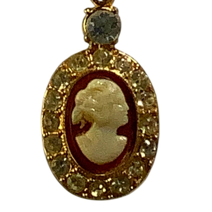 Vintage Red & Gold Cameo Pendant Surrounded in Rhinestones Design