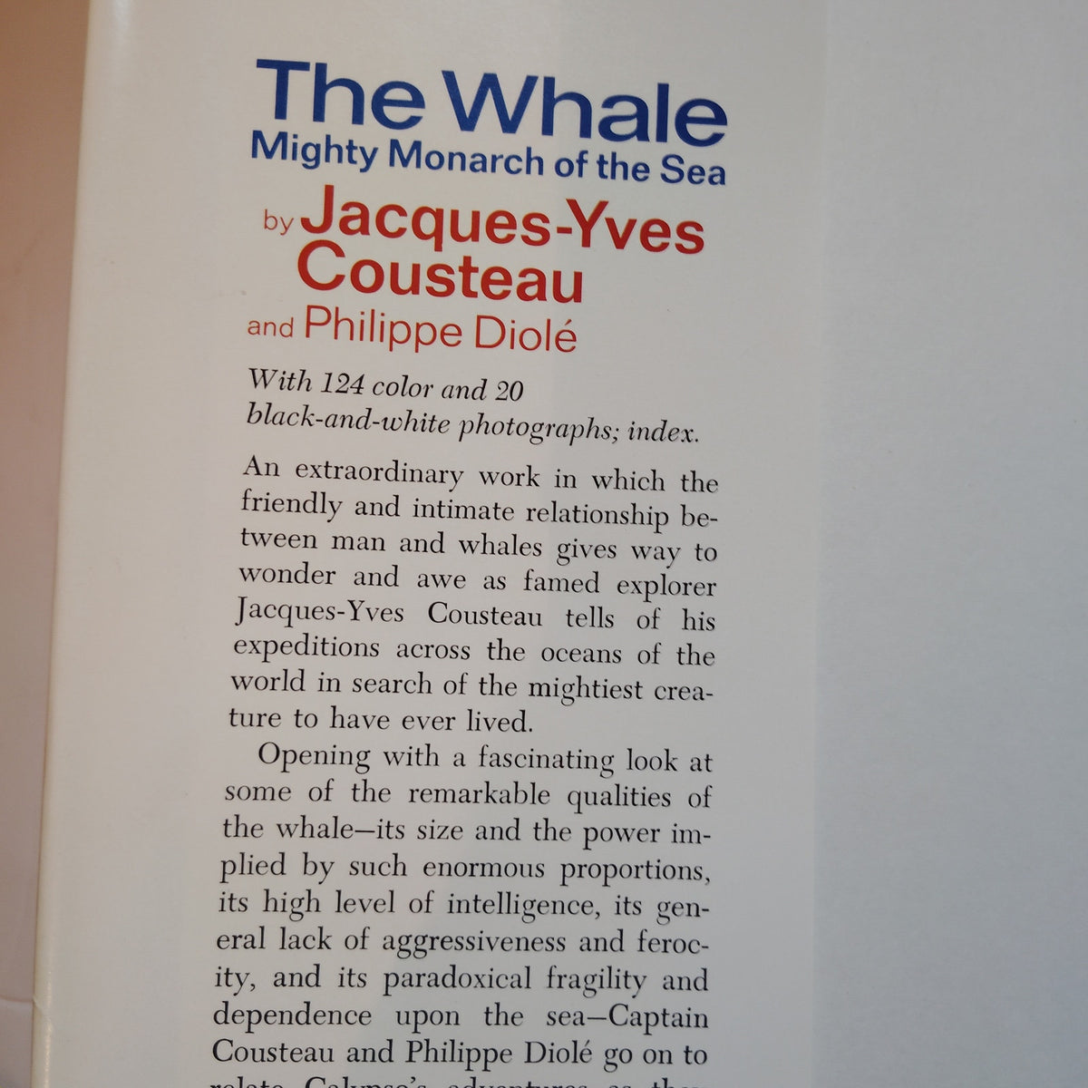 The Whale Mighty Monarch of the Sea 1972 Cousteau Hardcover Excellent One-Owner