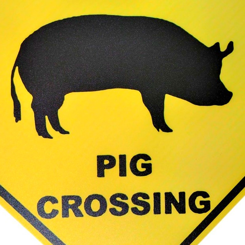 16.375" Tin Sign – “Slow - Pig Crossing” Yellow Diamond – Farm Animal Humor