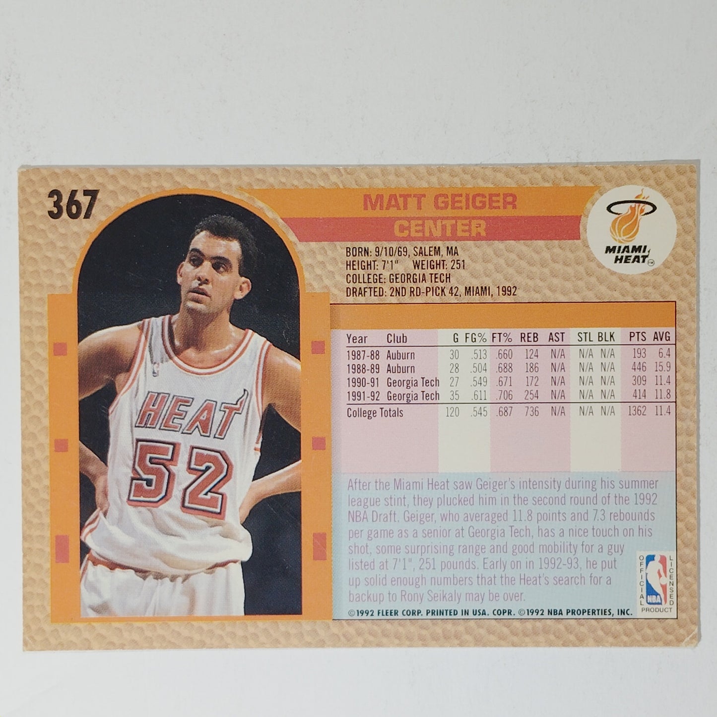 1992‑93 Fleer Matt Geiger #367 – Miami Heat – Ungraded VG/EX