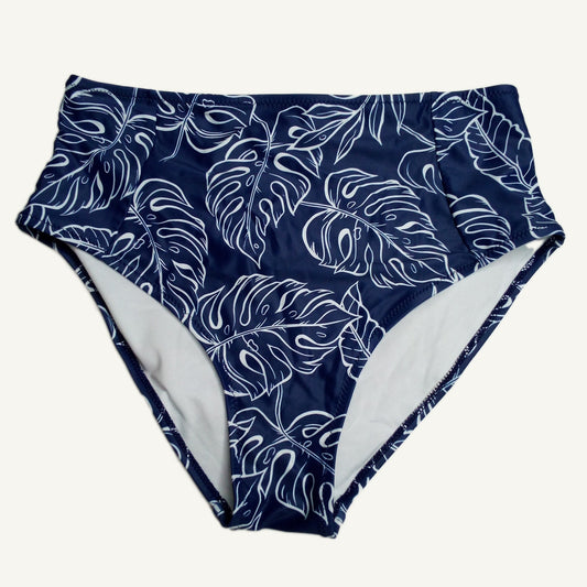 Blue High Waisted Swimsuit Bottoms Tropical Leaf Print Size L