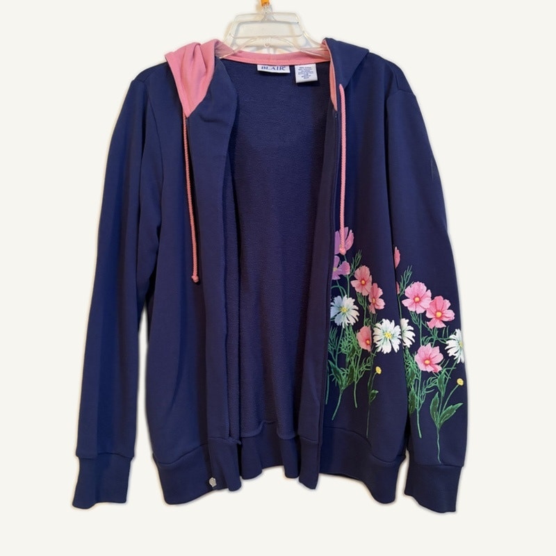 Blair Women's L Pink & Navy 3PC Floral Embroidered Sweat Set Cotton Blend