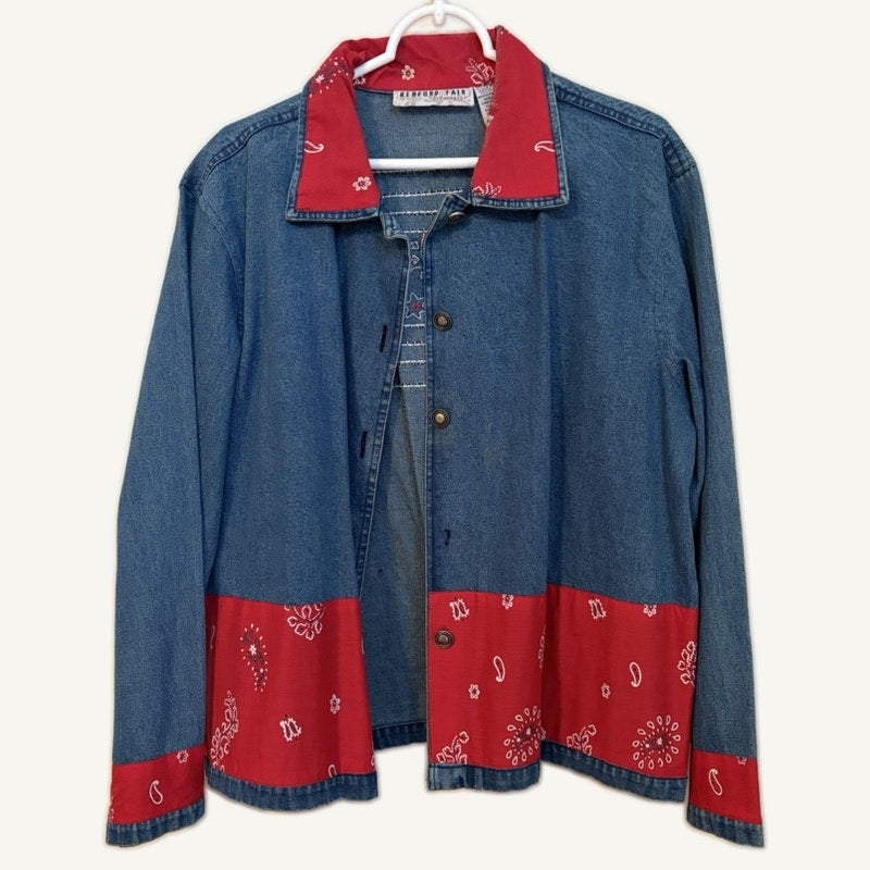 Bedford Fair Lifestyles Large Denim Jacket & Red Paisley Crinkle Skirt Set
