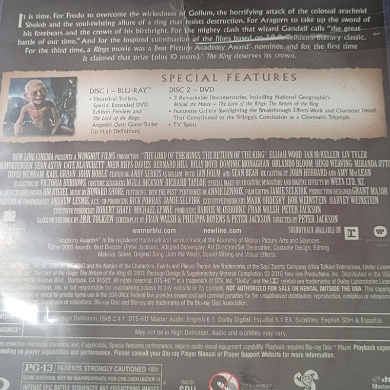 Lord of the Rings Return of the King Blu-ray DVD 2010 Set Fantasy Adventure