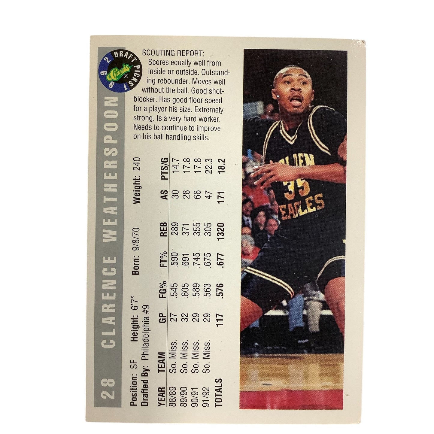 Clarence Weatherspoon, Univ. So. Miss (F), Classics 1992 Draft Picks Card 28 EXC