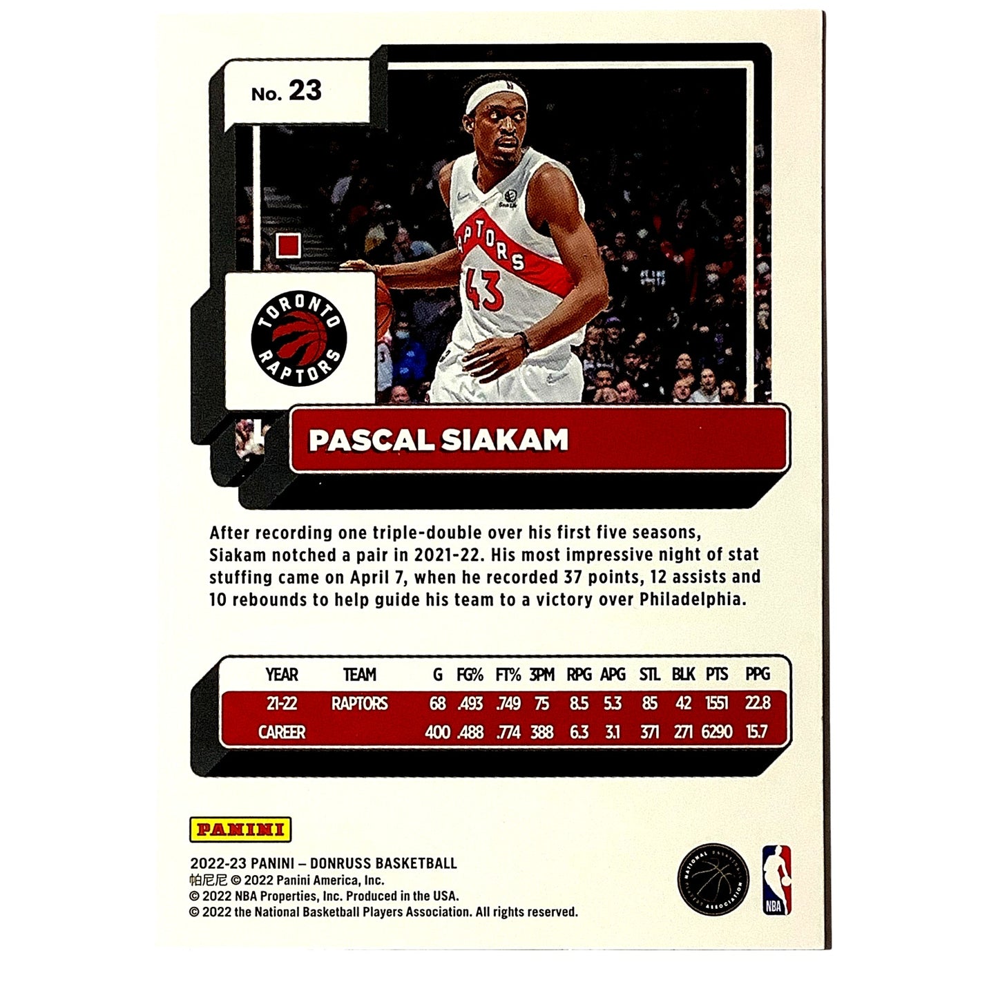 Pascal Siakam, Card #23, Toronto Raptors, 2022-23 NBA Panini Donruss NM+