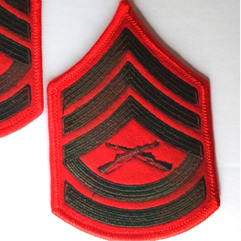 USMC Gunnery Sergeant E‑7 Chevrons Green on Red Female Size 4‑1/4" × 2‑7/8" Pair