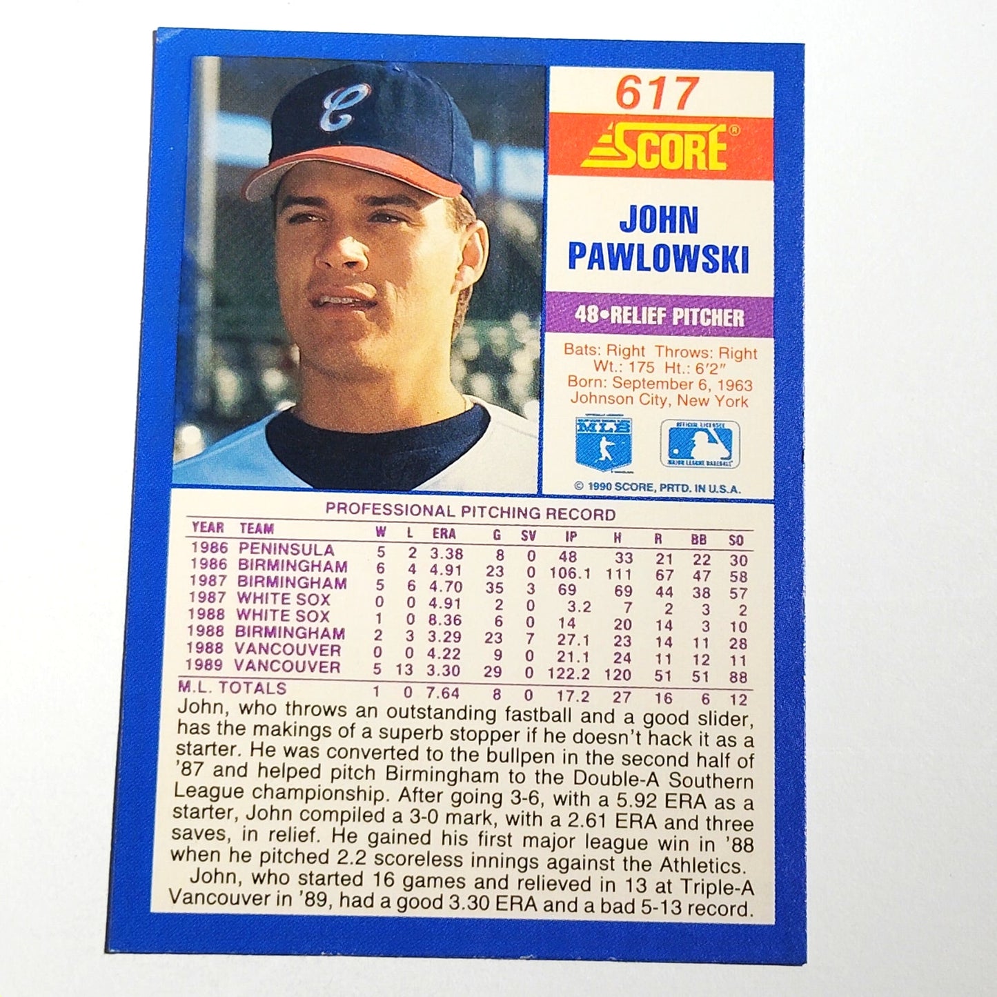 1990 Score John Pawlowski RC #617 Chicago White Sox Rookie Pitcher Baseball EX