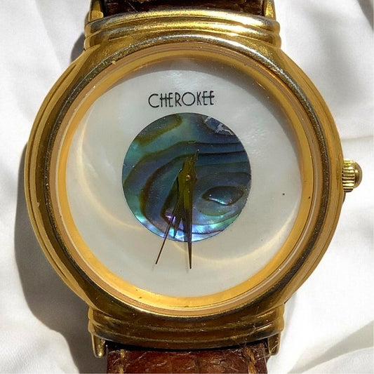 Vintage Cherokee Abalone Face Watch, 1-1/4"D, Leather Band, Needs Battery, EUC