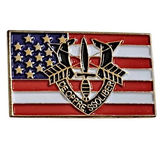 US Army Special Forces DUI Superimposed Over US Flag Novelty Hat Pin 1" × 5/8"