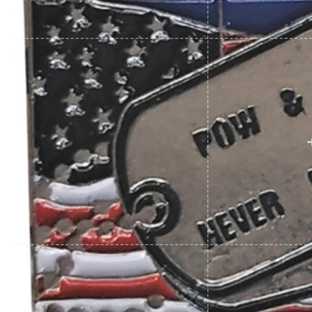 POW MIA Never Forgotten Dog Tag Superimposed on Flag Hat Lapel Pin 1‑1/8" × 5/8"