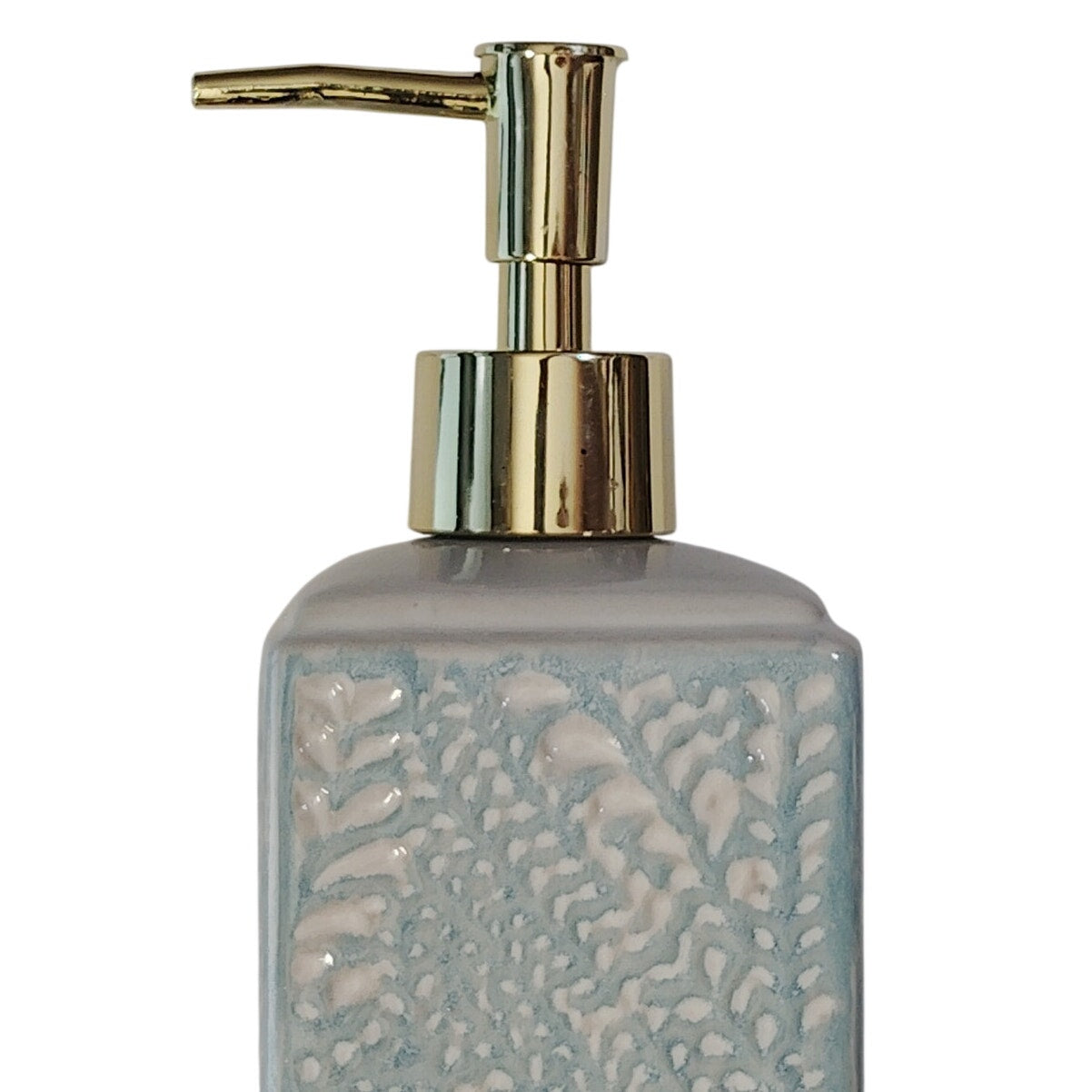 Light Blue Ferns Print Ceramic Liquid Soap Dispenser – 8"H x 2-3/4" Sq.