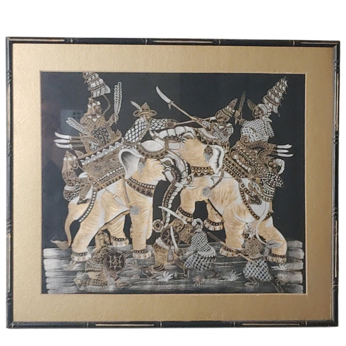 Vintage 1968 Mid‐Century Thai Silk Screen Artwork – War Elephants Battle Scene