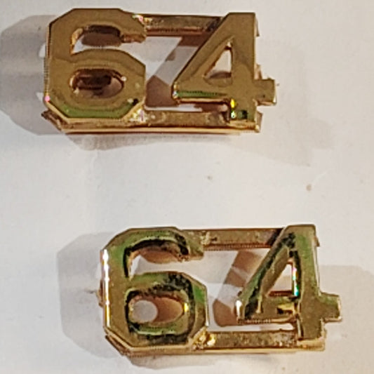 Early/Mid 1900s Brass C-Clasp "64" Collar Devices 3/8"H Hat / Lapel Pins Set