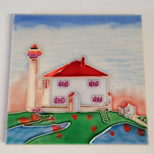 VTG Tubeline Ceramic Art Tile Coaster Lighthouse 4" Raised Relief Plaque