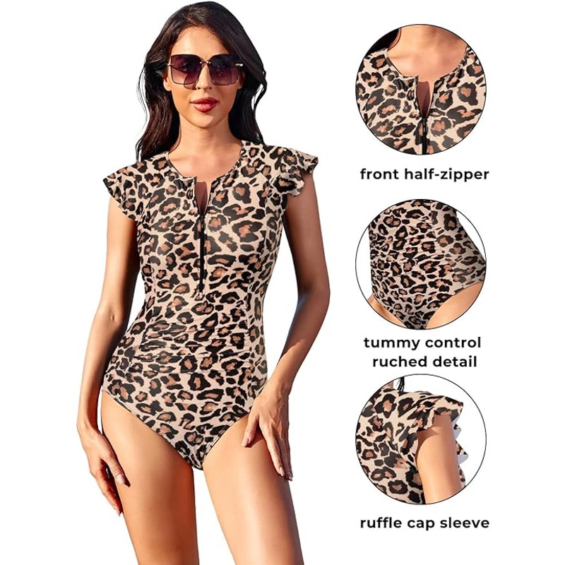 Tempt Me One Piece Swimsuit, Leopard Print, Zip Front, S/S Rash Guard, S (4-6)