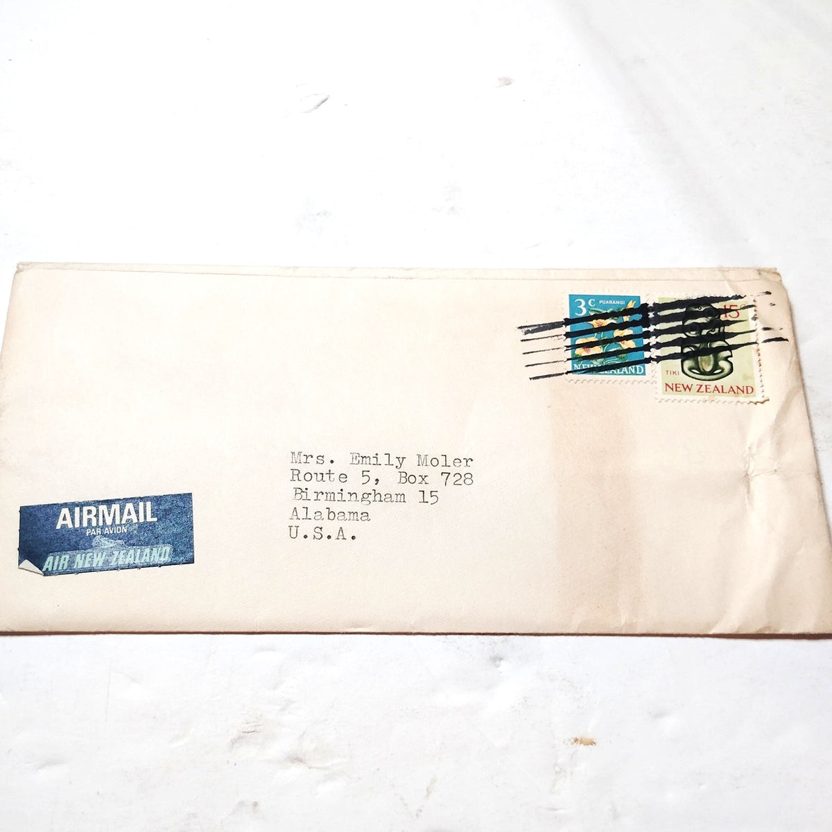 Vintage 1960s New Zealand Airmail Cover - 3c Puarangi & 15c Tiki Stamps to USA