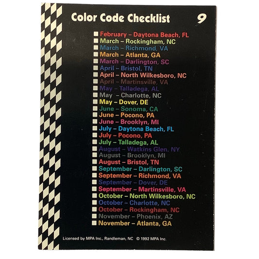 1992 Richard Petty Fan Appreciation, Color Code Checklist, Food Lion MPA Card #9