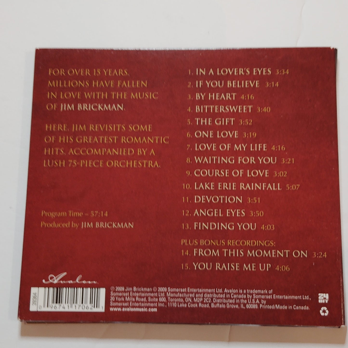 Jim Brickman Romantic Piano & Orchestra CD 2009 Avalon Somerset Digipak 15 Trks