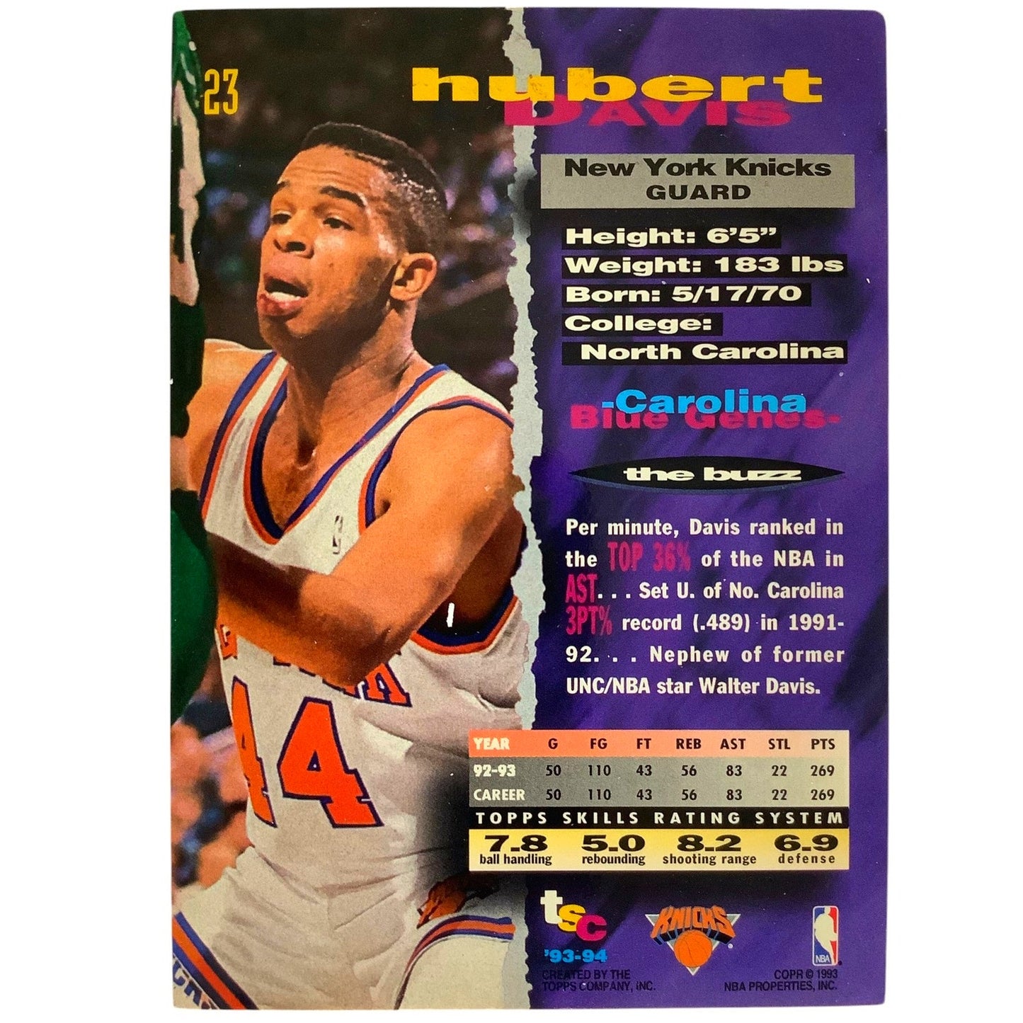 Hubert Davis, New York Knicks, 1993 Topps Stadium Club Card 23, EXC