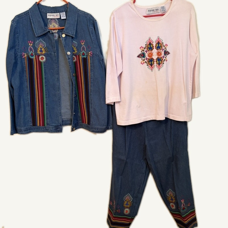 Bedford Fair Lifestyles Women's L Denim Aztec Embroidered 3PC Set Blue Pink