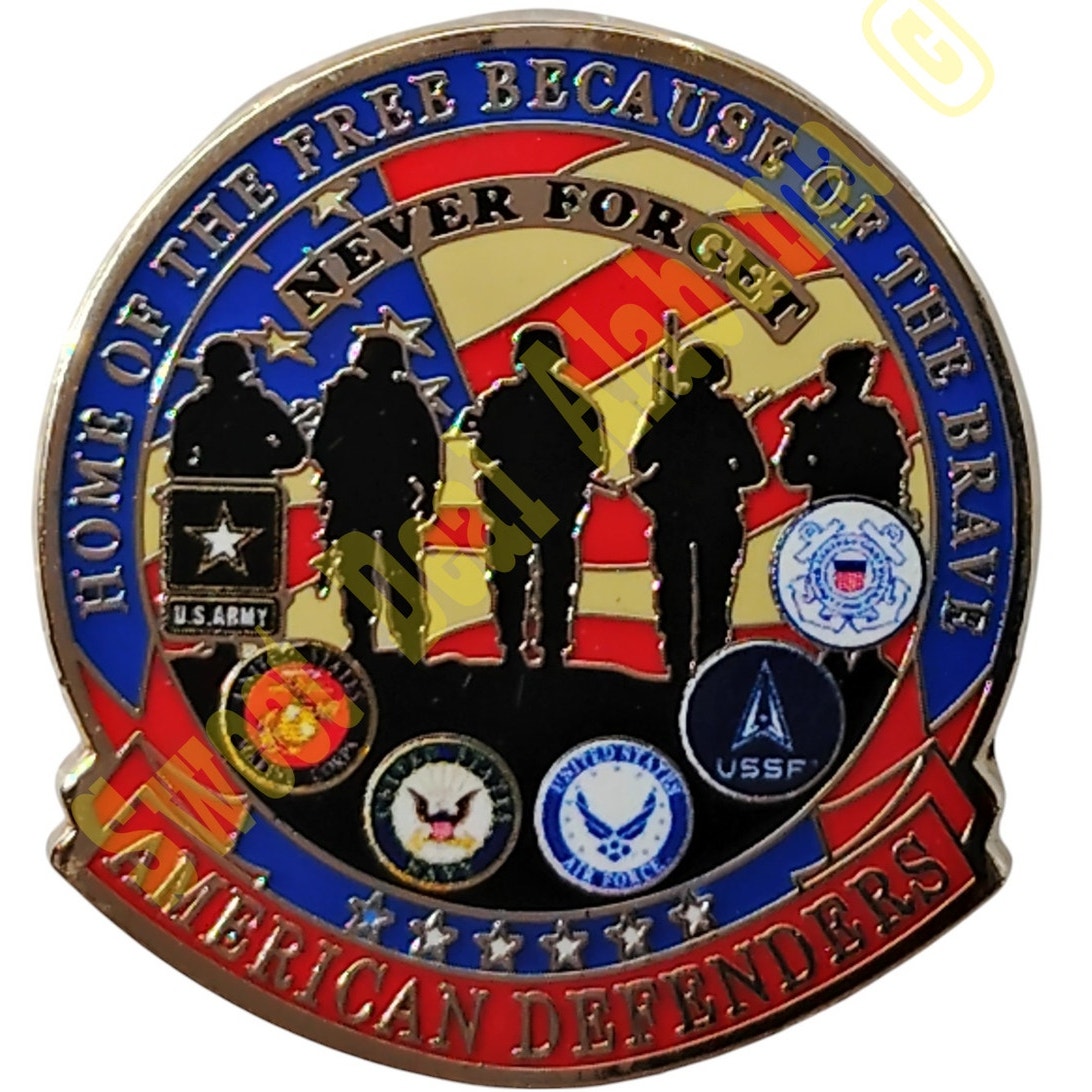 American Defenders (Honors All 6 Branches) Brooch, Hat, Lapel or Pin 1-1/8" x 1"