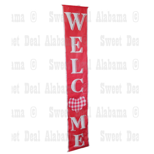 Vertical Welcome Banner – Red with Checkered Heart, Lighted Down The Sides