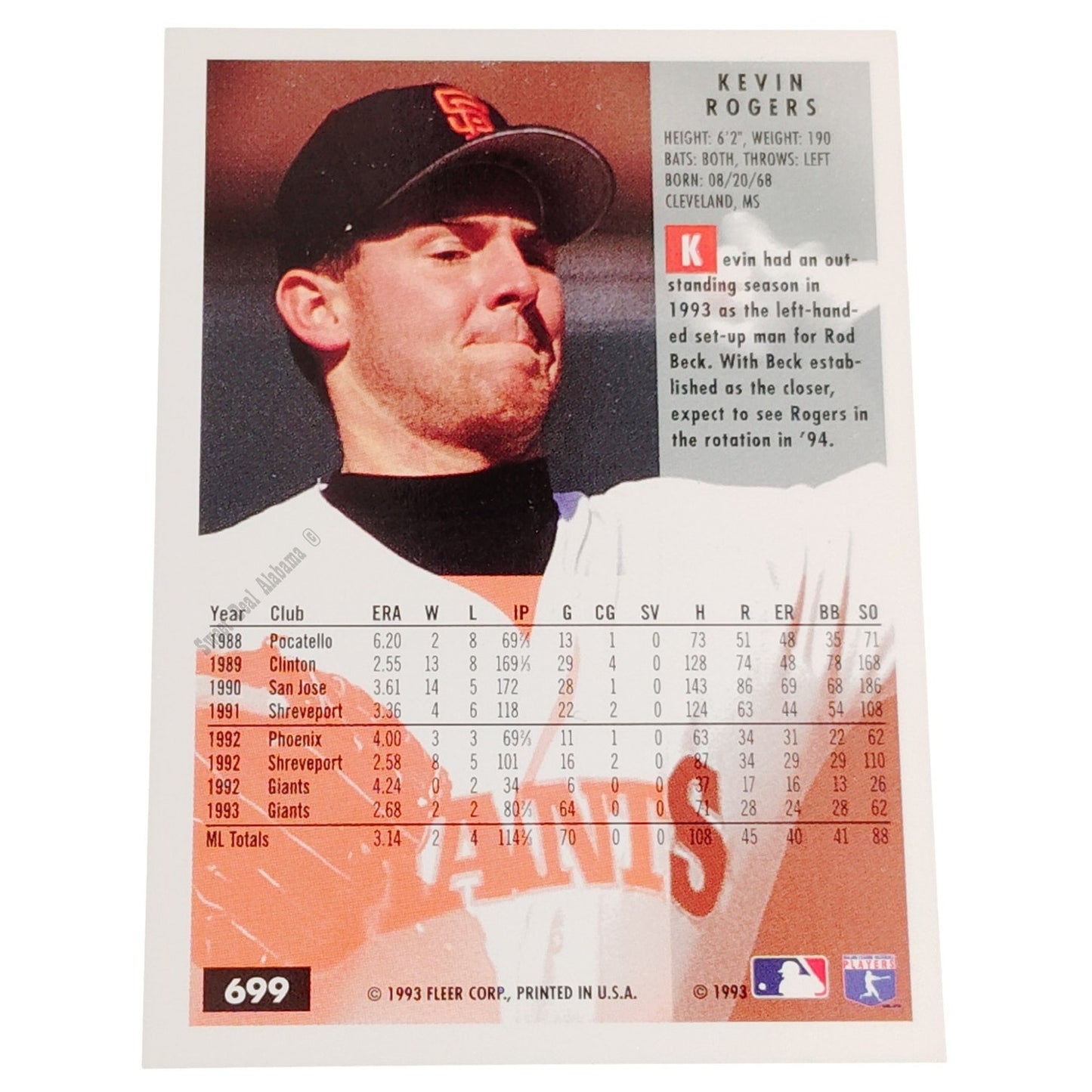 Kevin Rogers, San Francisco Giants, #699, 1994 Fleer Baseball Collector's Card