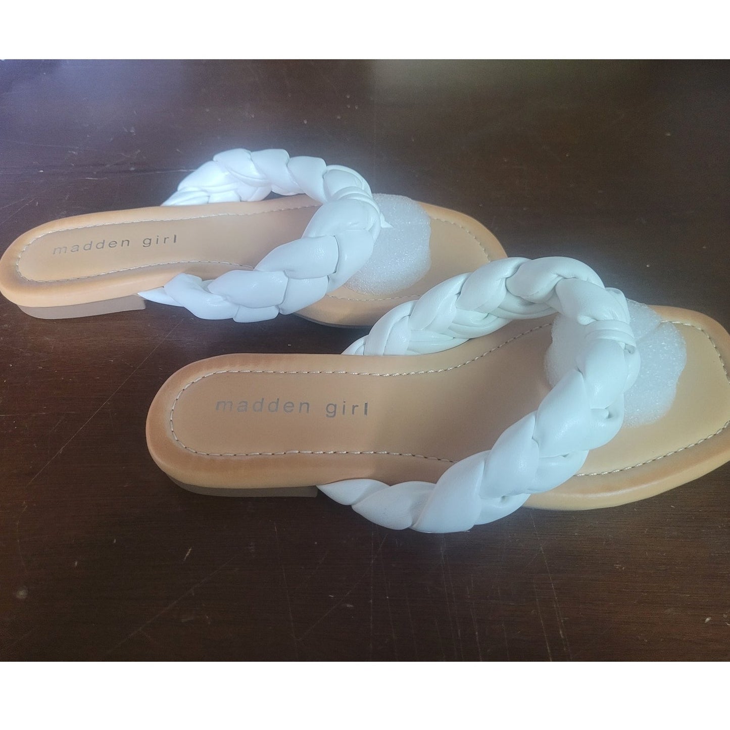 Madden Girl Precise Sandal – White Paris, Women’s 6, Braided Thong Flat Slip-On