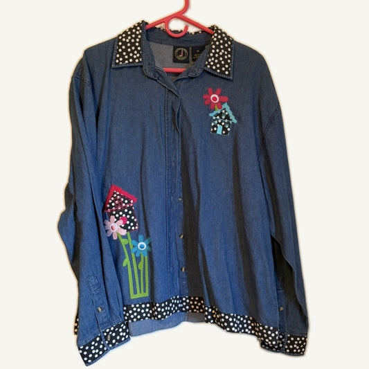 Lighthouse Apparel XL Denim Jacket Patchwork Birdhouse Floral Polka Dot
